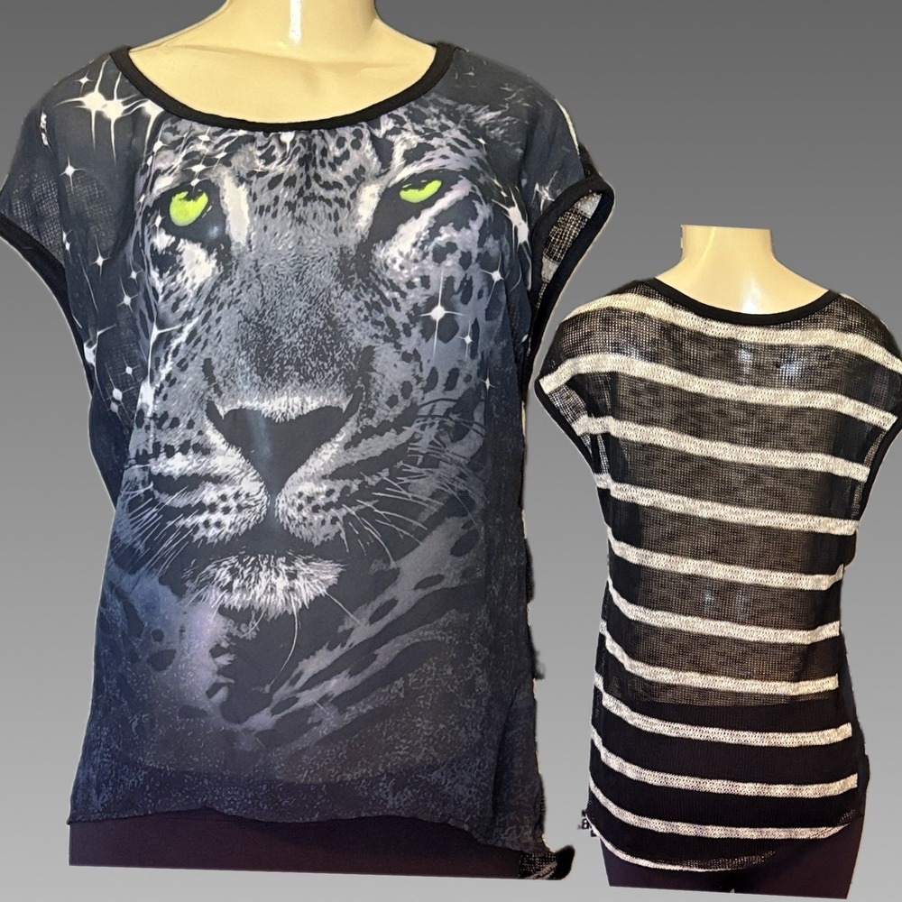 Julia L Bold Leopard Graphic Mixed Media Striped Back Top Semi-Sheer Cap Sleeve